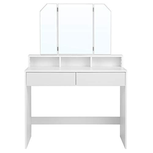 Öltözőasztal 3 összecsukható tükörrel, sminkasztal 2 fiókkal és 3 nyitott rekesszel, modern design, fehér, 100 x 40 x 142 cm, VASAGLE