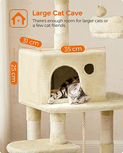 Játszó készlet macskáknak, stabil torony macskáknak, 2 plüss párna, 143cm, bézs, 55 x 45 x 143 cm, FEANDREA