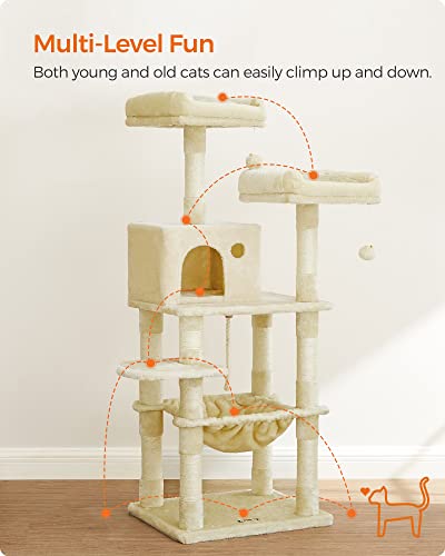 Játszó készlet macskáknak, stabil torony macskáknak, 2 plüss párna, 143cm, bézs, 55 x 45 x 143 cm, FEANDREA