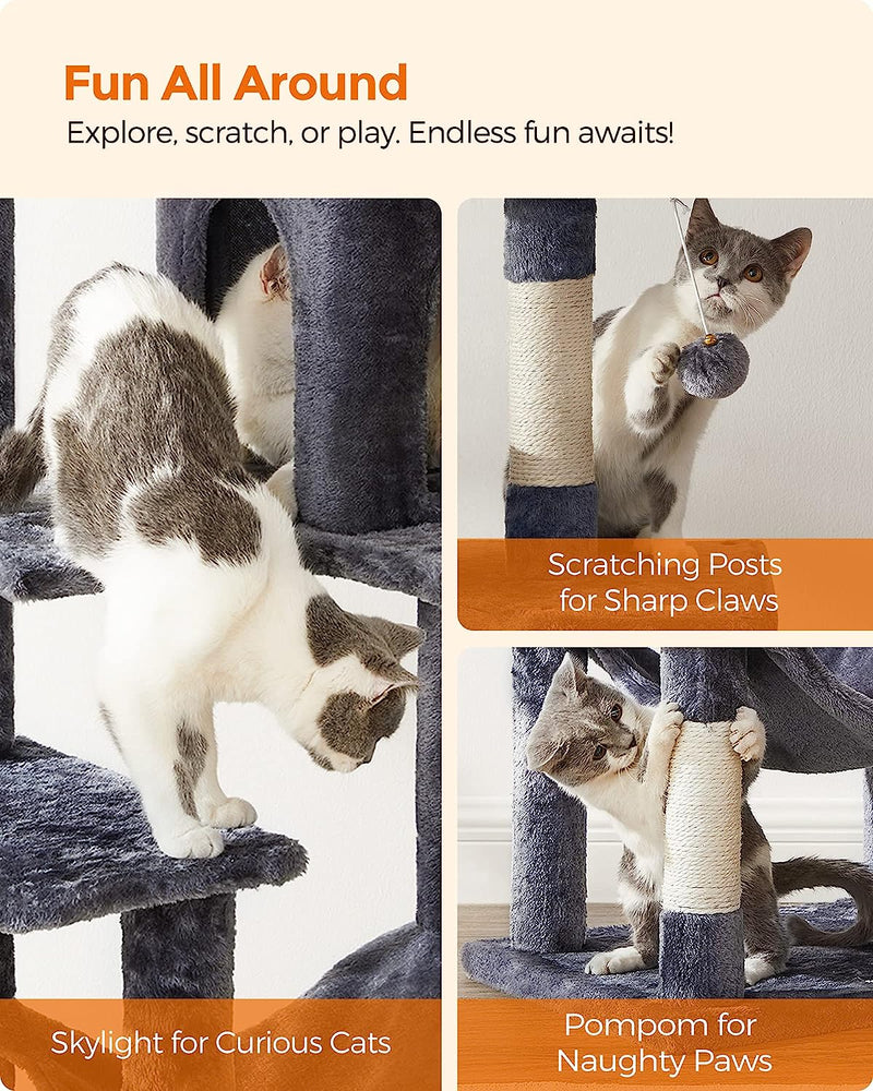 Játszókészlet macskáknak függőággyal, 143 cm Feandrea szürke