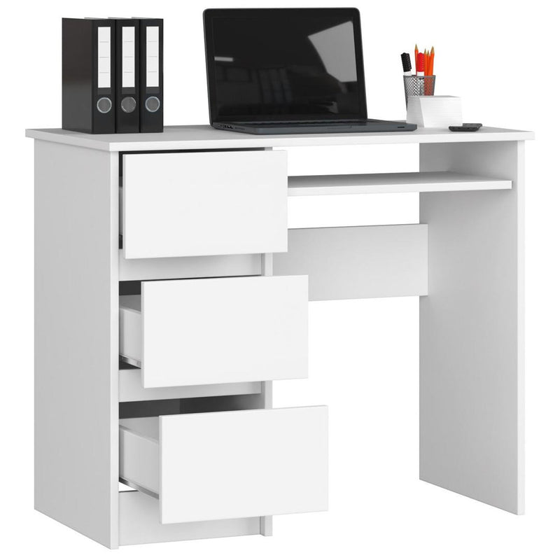 Bal oldali számítógépasztal 3 fiókkal és billentyűzettartóval 90 x 77 x 50 cm fehér