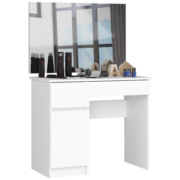 Fésülködő asztal tükörrel balos 1 ajtóval 2 fiókkal 90 x 50 x 77- 142 cm fehér