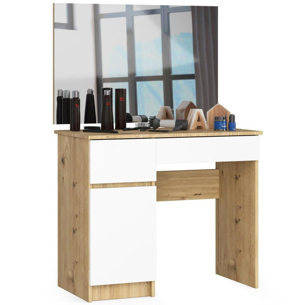 Fésülködő asztal tükörrel balos 1 ajtóval 2 fiókkal 90 x 50 x 77- 142 cm v2 fehér kézműves tölgy