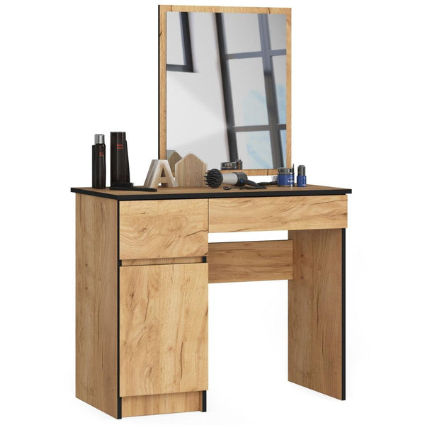 Fésülködő asztal tükörrel balos 1 ajtóval 2 fiókkal 90 x 50 x 77- 142 cm kézműves tölgy