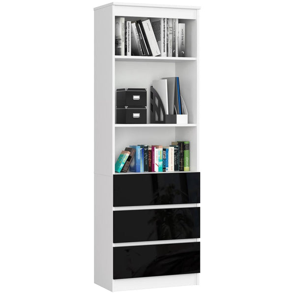 Könyves szekrény 3 ajtóval 3 fiókkal 60 x 180 x 35 cm fehér fekete fényes