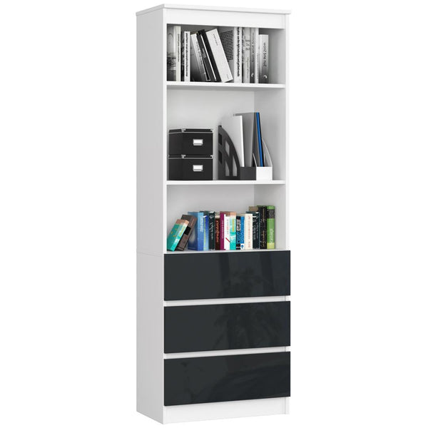 Könyves szekrény 3 ajtóval 3 fiókkal 60 x 180 x 35 cm fehér fényes fekete