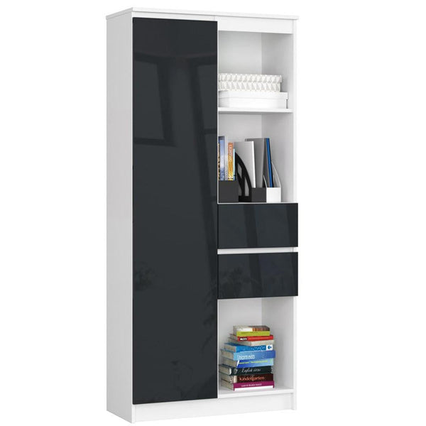 Könyves szekrény 1 ajtóval 2 fiókkal 3 polccal R15 80 x 35 x 180 cm fehér fényes fekete