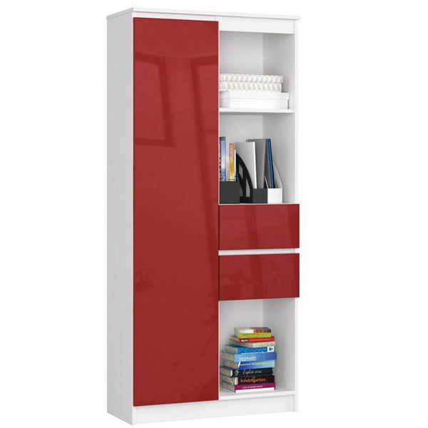 Könyves szekrény 1 ajtóval 2 fiókkal 3 polccal 80 x 180 x 35 cm fehér piros fényes
