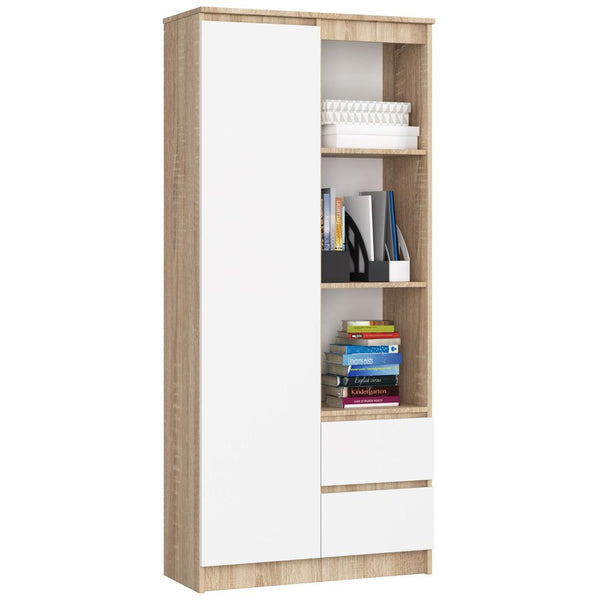Könyves szekrény 1 ajtóval 2 fiókkal 3 polccal 80 x 180 x 35 cm v2 sonoma fehér