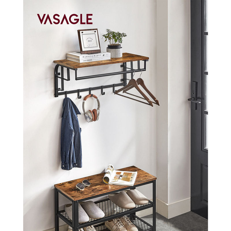 VASAGLE falra szerelhető kabátfogas, 5 akasztóval, ruhatartó rúddal, sokoldalúan használható előszobában, folyosón, hálószobában, fürdőszobában, nappaliban, rusztikus barna és fekete színben,  modellszámmal