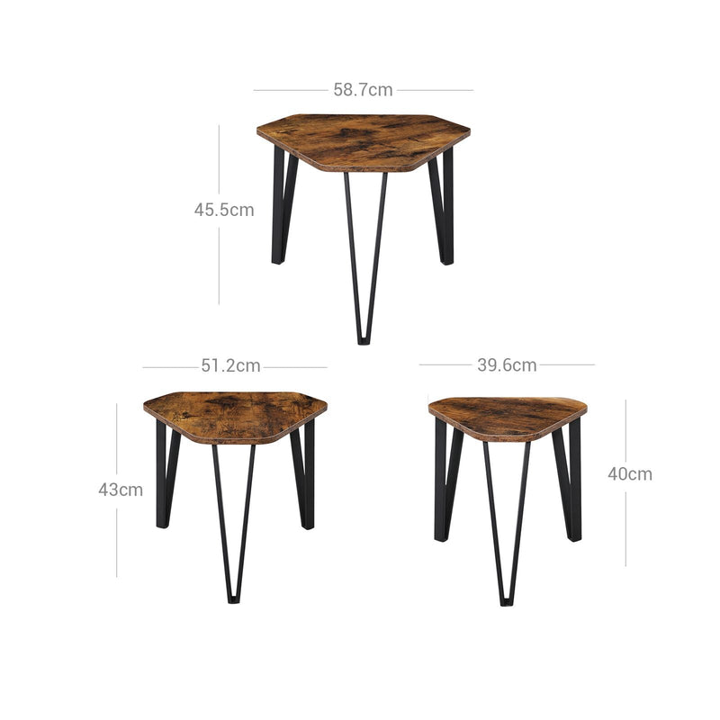 Nesting dohányzóasztal, 3 db asztalka készlet nappaliba, rakható asztalok, erős acélváz, ipari stílus, rusztikus barna és fekete, VASAGLE