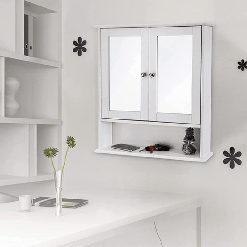 Fürdőszoba szekrény tükörrel 2 ajtós fehér, 56x13x58 cm