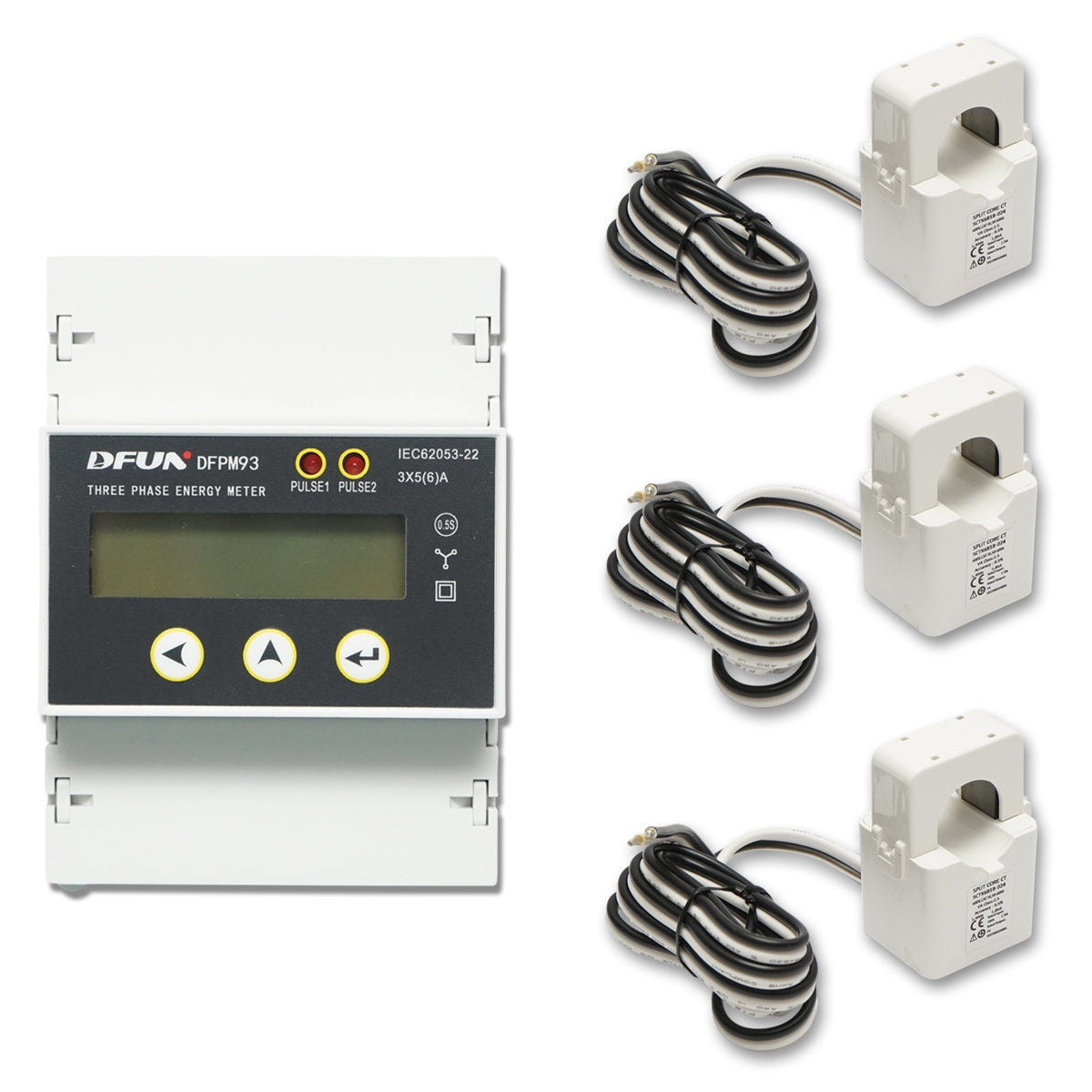 DFUN DFPM93 intelligens fogyasztásmérő készlet, háromfázisú 3x220-380V, 6400imp/Kwh, digitális biztosítékkal, Split Core 600V, 300A/5A, 50-60Hz Breckner Germany