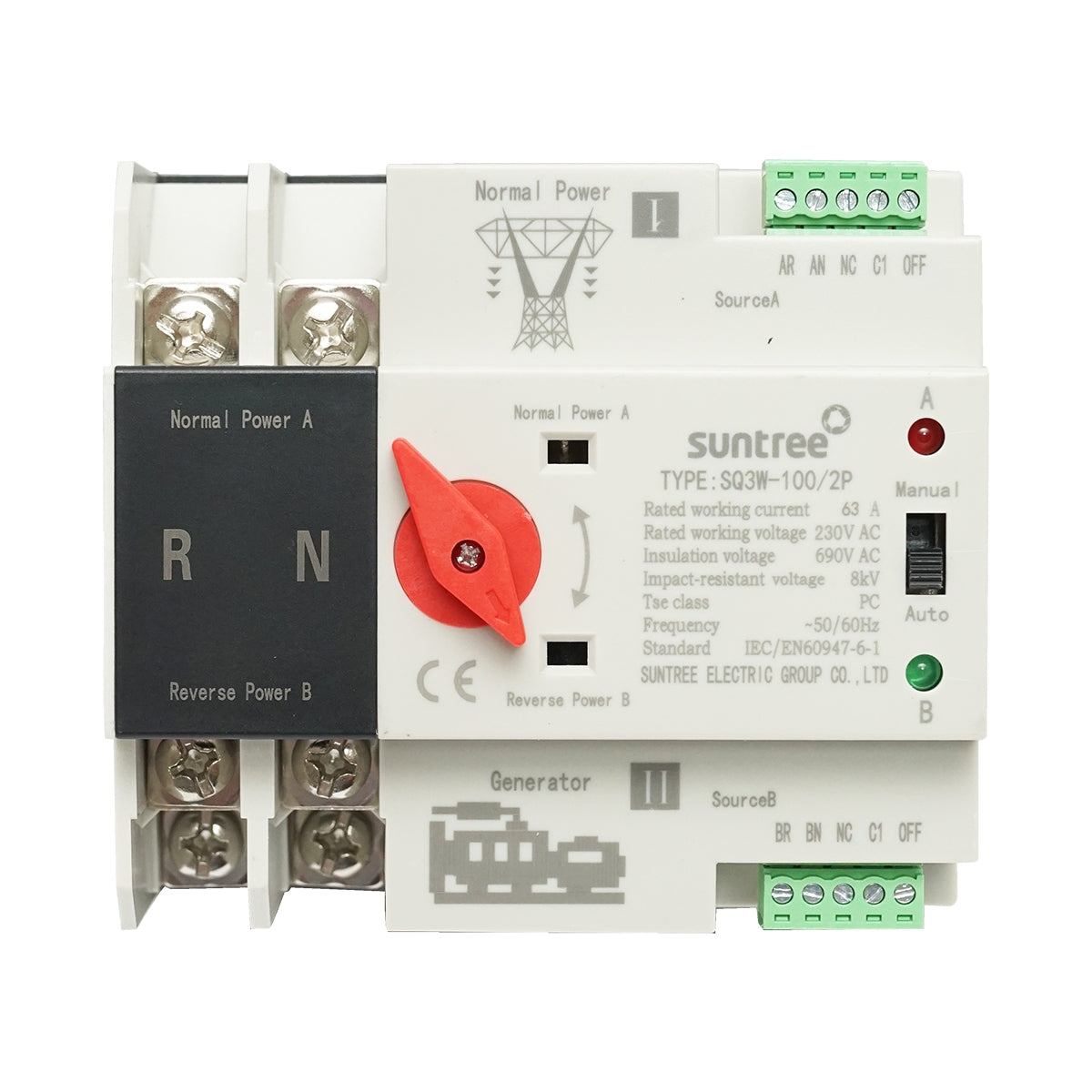 ATS 220V egyfázisú, ATS-2P-100A automatikus leválasztó kapcsoló a fotovoltaikus panelekről a hálózatra, Suntree