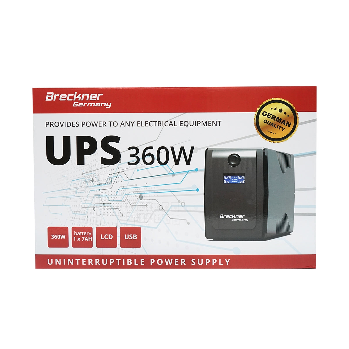 UPS 600VA/360W 7Ah akkumulátorral és 2 shuko aljzattal, LCD, USB, AVR Breckner Germany