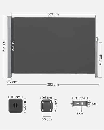 SONGMICS 180 x 350 cm (M x H), Oldalra Húzható Napernyő Erkélyre és Teraszra, Magánélet Védelem, Napernyő, Oldalrol Előtető, Füstszürke