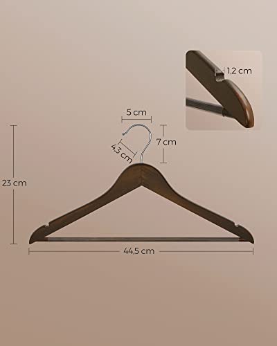 Fa vállfák, 20 db-os készlet, ruhafogasok, vállfákkal, nadrágfogasokkal, 360°-os forgatható akasztóval, öltönyök, ingek, kabátok számára, sötét dió és ezüst, SONGMICS