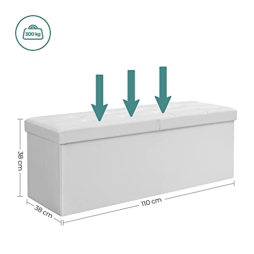 SONGMICS 120L Összehajtható Puff Pados Tároló Láda Tároló Kocka Fordítható Fedéllel Cipő Pados Ülőke 300 kg Terhelhetőség Fehér 110 x 38 x 38 cm