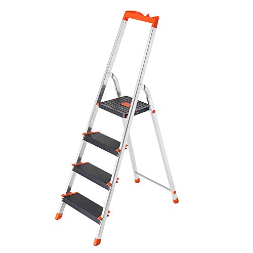 SONGMICS 4 Lépcsős Fellépő, Alumínium Létra 12 cm széles lépcsőkkel, Összecsukható Létra Csúszásgátló lábakkal, Maximális statikus terhelés 150 kg, TÜV Rheinland teszt, GS EN131 tanúsítással, Fekete színben,