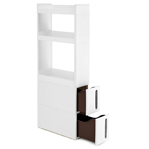 SONGMICS keskeny 3 polcos 2 fiókos süllyesztett szekrény kerekekkel a konyhához, fürdőszobához és pincéhez 17 cm széles fehér , 45 x 17 x 106,5 cm