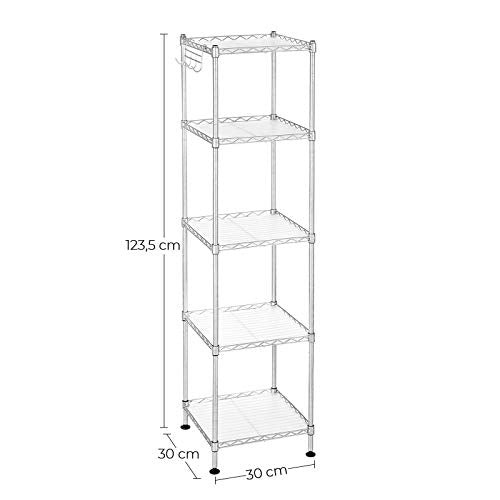 SONGMICS Fürdőszoba Polc, Fém Tároló Polc, Összes Teherbírás 100 kg, 5 PP Lapos, Levehető Akasztókkal, 30 x 30 x 123.5 cm, Kibővíthető Design Kis Helyiségekhez, Ezüst és Átlátszó