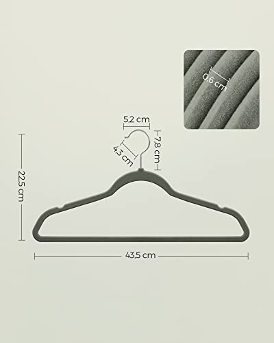 SONGMICS 30 darab bársony bevonatú fogas készlet, 42 cm hosszú, vékony és strapabíró, magas teherbírású, 360 fokos forgatható akasztóval, kabátokhoz, ingekhez, öltönyökhöz, Szürke , ABS műanyag, fém, 43,5 x 0,6 x 22,5 cm méretűek.