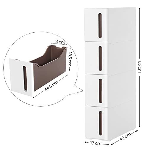 SONGMICS műanyag tároló fiókok, keskeny tárolókocsi kerekeken, 4 fiókos tárolóegység torony fürdőszobához, konyhához, helytakarékos, 45 x 17 x 83 cm, fehér és barna
