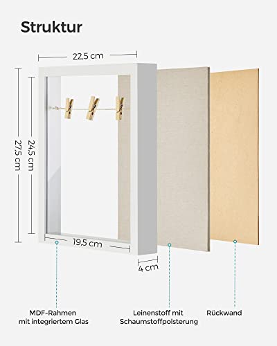 SONGMICS Képkeret, Képkeret Zsinórral, Csipeszes képkeret, Saját Készítésű Alkotásokhoz, Len Vászon Hátlappal, Üveg Előlappal és MDF Kerettel, Fehér színben,