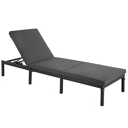 SONGMICS Napozóágy, Napágy 5 cm vastag Matraccal, Rattan-hatású felülettel, Dönthető háttámlával, 59 x 198 x 28 cm méretben, Maximális terhelhetőség 150 kg, Kertbe, Teraszra, Fekete színben,
