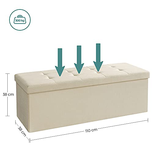 SONGMICS Összecsukható Tároló Puff, Lábzsámoly Fedővel, Utánzat Lélegző Len Anyag, 120L, 300 kg Terhelhetőség, 110 x 38 x 38 cm, Beige Színben