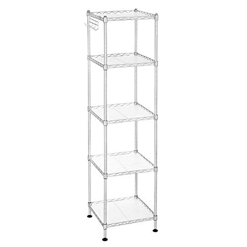 SONGMICS Fürdőszoba Polc, Fém Tároló Polc, Összes Teherbírás 100 kg, 5 PP Lapos, Levehető Akasztókkal, 30 x 30 x 123.5 cm, Kibővíthető Design Kis Helyiségekhez, Ezüst és Átlátszó