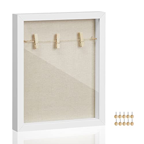 SONGMICS Képkeret, Képkeret Zsinórral, Csipeszes képkeret, Saját Készítésű Alkotásokhoz, Len Vászon Hátlappal, Üveg Előlappal és MDF Kerettel, Fehér színben,