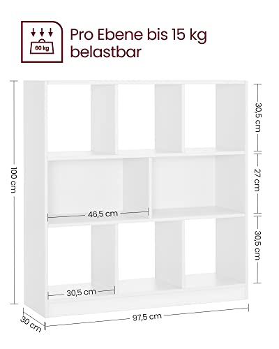 VASAGLE Könyvespolc, Fa Könyvszekrény, Szabadon Álló Tároló Egység Nappaliba, Hálószobába, Gyerekszobába, 97,5 x 30 x 100 cm méretben, fehér színben,