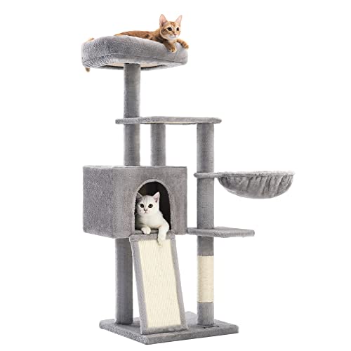 Macska játszó készlet, macskaház, függőággyal, 135 cm magas, karcolóoszlop, világosszürke, 40 x 45 x 135 cm, FEANDREA