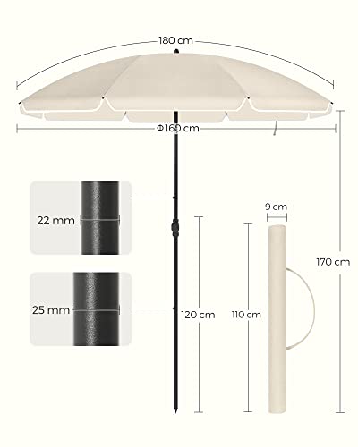 SONGMICS 1,6 m Napernyő, Strand Napernyő, UPF 50+, Napvédelem, Hordozható Nyolcszögű Poliészter Vászon, Üvegszálas Bordák, Döntő Mechanizmus, Hordtáska, Strandhoz, Kertekhez, Erkélyhez, Medencehöz, Bézs