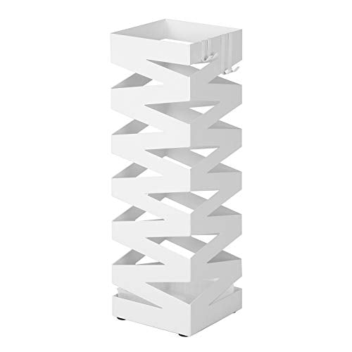 SONGMICS fém esernyőállvány, négyzet alakú esernyőtartó állvány, 4 kampóval és kivehető csepptálcával, 15,5 x 15,5 x 49 cm, fehér