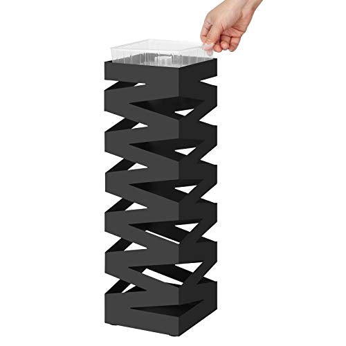SONGMICS fém esernyőtartó, négyzet alakú esernyőtartó állvány, akasztókkal és csepptálcával, 15,5 x 15,5 x 49 cm, fekete