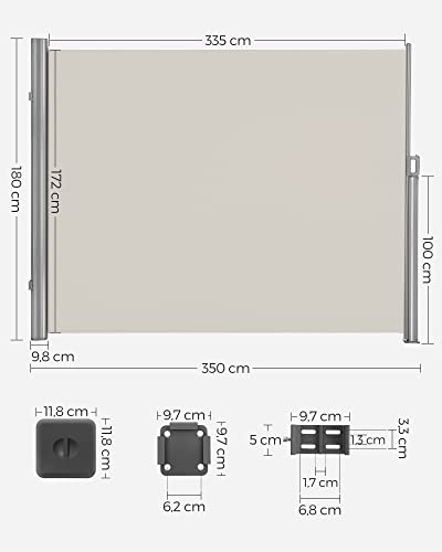 SONGMICS 180 x 350 cm (M x H), Oldalra Húzható Napernyő Erkélyre és Teraszra, Magánélet Védelem, Napernyő, Oldalrol Előtető, Beige