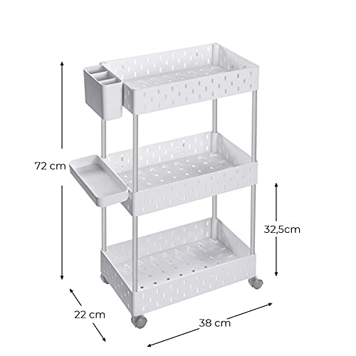 SONGMICS 3-Szintes Tároló Kocsi, Kocsi Kerekekkel, Fürdőszobai Polc 6 Levehető Akasszal, 1 Tálcával, 1 Tárolóval, Konyhához, Nappalihoz, 38 x 22 x 72 cm, Fehér