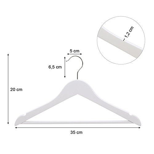 SONGMICS Masszív Fa Gyermek Ruha Akasztók, 10 darab erős gyermekruha akasztó készlet, Nadrág tartórúddal, Vállnyílásokkal, 360 fokos forgó akasztókkal, 35 x 1,2 x 20 cm méretben, Fehér színben,