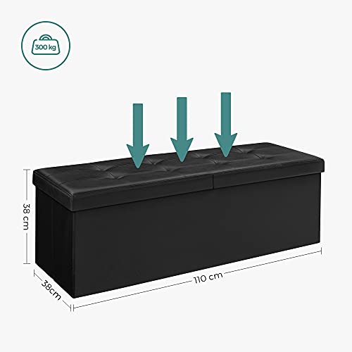 SONGMICS 120L Összehajtható Puff Pados Tároló Láda Tároló Kocka Fordítható Fedéllel Cipő Pados Ülőke 300 kg Terhelhetőség Fekete 110 x 38 x 38 cm