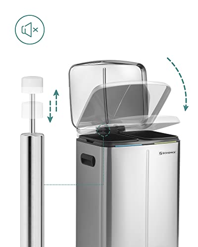 SONGMICS Dupla Szemetesvödör, 2 x 20 L Konyhai Szemetesvödör, Két Kompartimentumos Fém Lépős Szemetesvödör, Műanyag Belső Vödrökkel, Lágy Záródó Fedélekkel és Fogantyúkkal, Szagzárás, Ezüst
