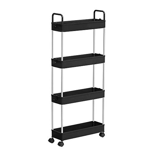 SONGMICS Tároló Kocsi, 4 Szintes Konyhai Tároló Kocsi, Szűk Résszel Fürdőszoba Kocsi, Kerekekkel és Fogantyúkkal, 40 x 13 x 93 cm méretben, Fekete színben,