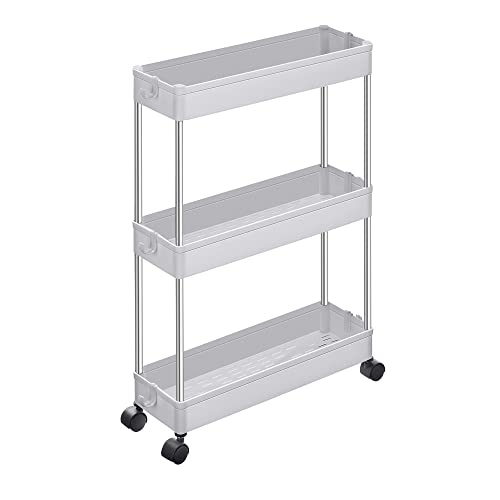 SONGMICS 3-Szintes Tároló Kocsi, Konyhai Kocsi Kerekekkel, Szűk Kocsi Konyhába, Fürdőszobába, Irodába vagy Kis Helyiségekbe, 42 x 13.5 x 61 cm, Fehér