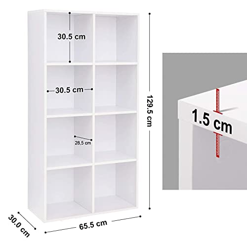 8 kockás tároló könyvespolc, fa könyvespolc és vitrines polc, önálló egység iroda, nappali, hálószoba, fehér, 65,5 x 30 x 129,5 cm, VASAGLE