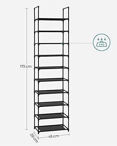 SONGMICS 10 szintes cipőtartó, cipőállvány, helytakarékos cipőtárolás, 45 x 28 x 173 cm, fém váz, szövet polcok, előszoba, hálószoba, Fekete