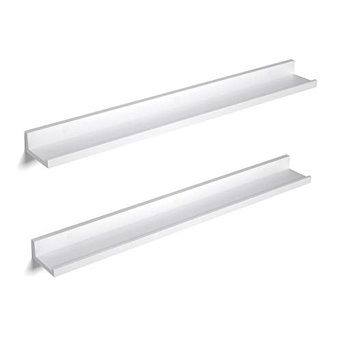 SONGMICS Lebegő Polc Szett 2 db, Falipolc Lépcső Magasfényű Kivitelben, 80 x 10 cm, Képkeretekhez és Könyvekhez, Nappali, Folyosó, Hálószoba, Fürdőszoba, Konyha, Iroda, Fehér Színben