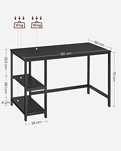 VASAGLE  Számítógépasztal PC Asztal Irodai Asztal 2 Polccal Jobb vagy Bal Oldalon, Otthoni Iroda Nappalihoz Acél Keret Ipari Design Fekete