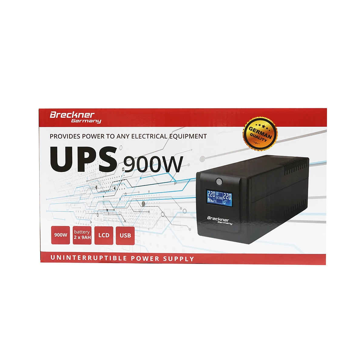 UPS 1500VA/900W, 2x9Ah akkumulátorokkal és 4 shuko aljzattal, LCD, USB, AVR Breckner Germany