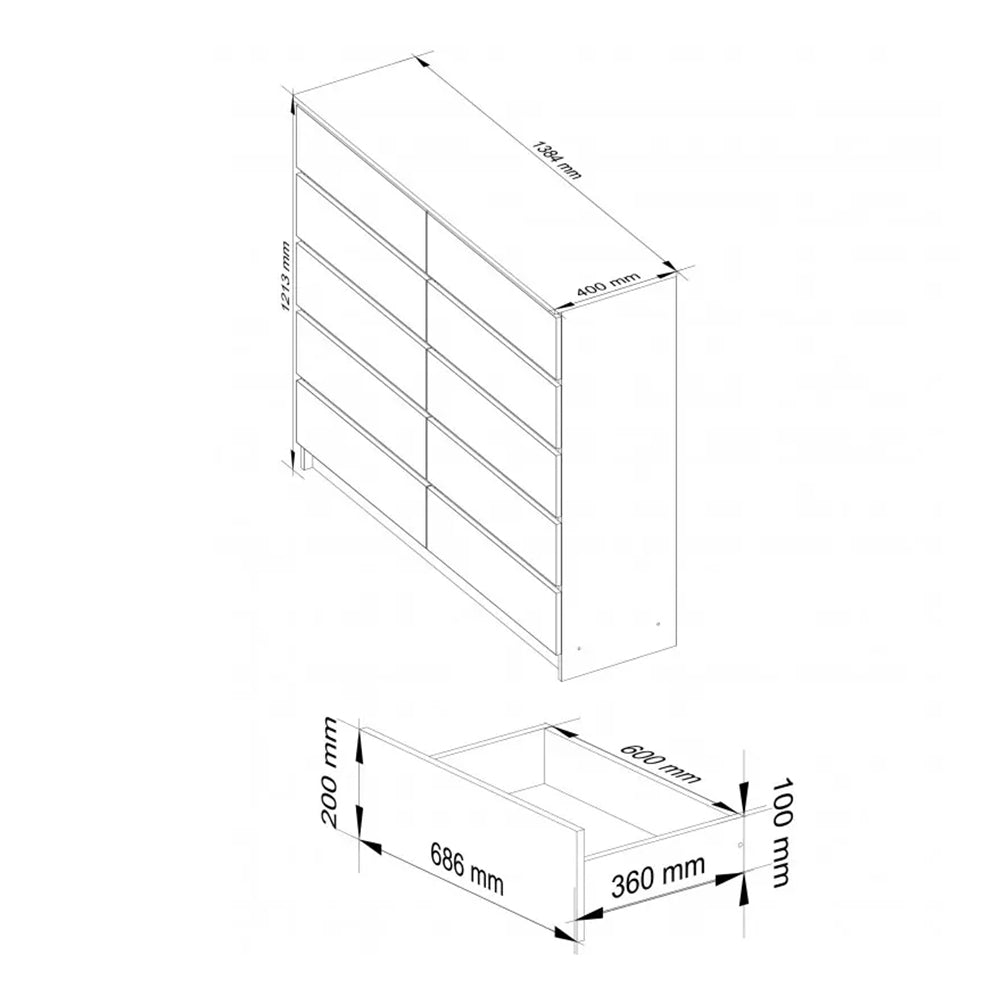 Komód 10 fiókkal 138 x 121 x 40 cm fehér